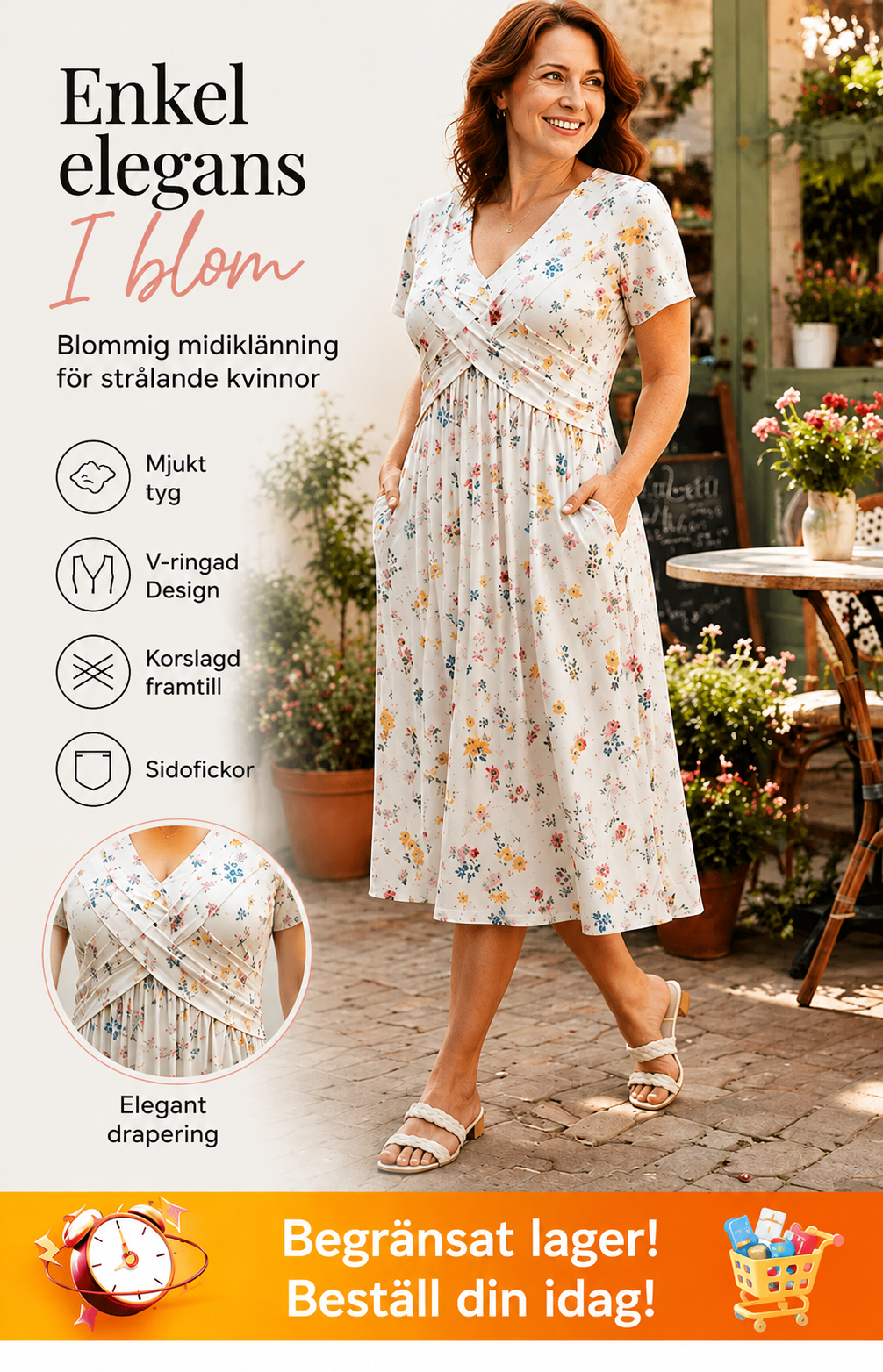 đșđ Blommig klĂ€nning med V-ringning och markerad midja