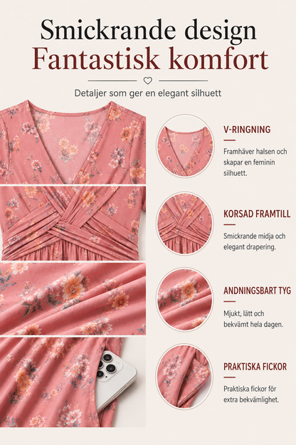 🌺👗 Blommig klänning med V-ringning och markerad midja