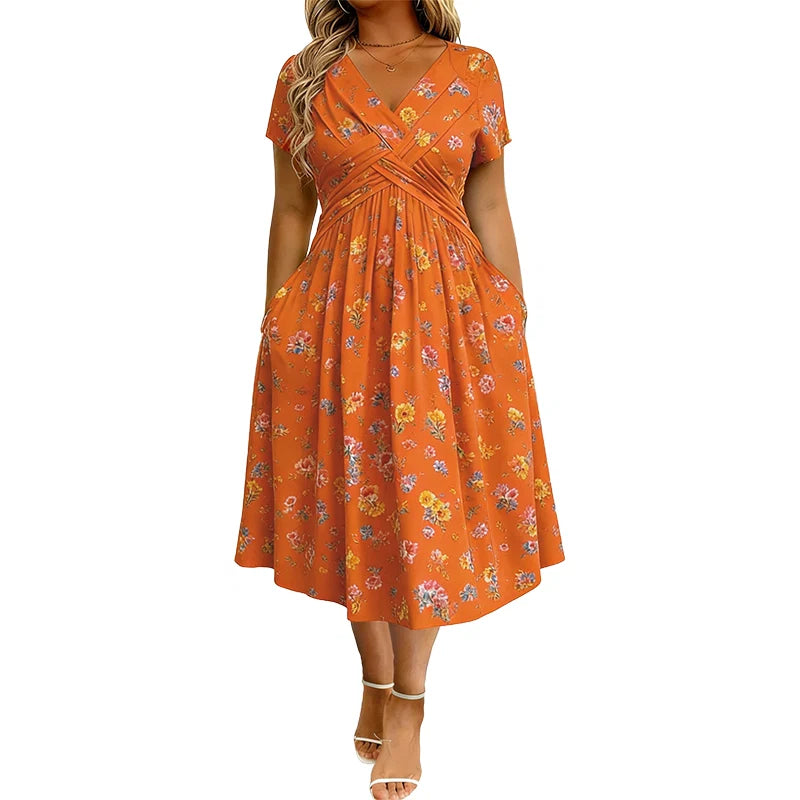 🌺👗 Blommig klänning med V-ringning och markerad midja