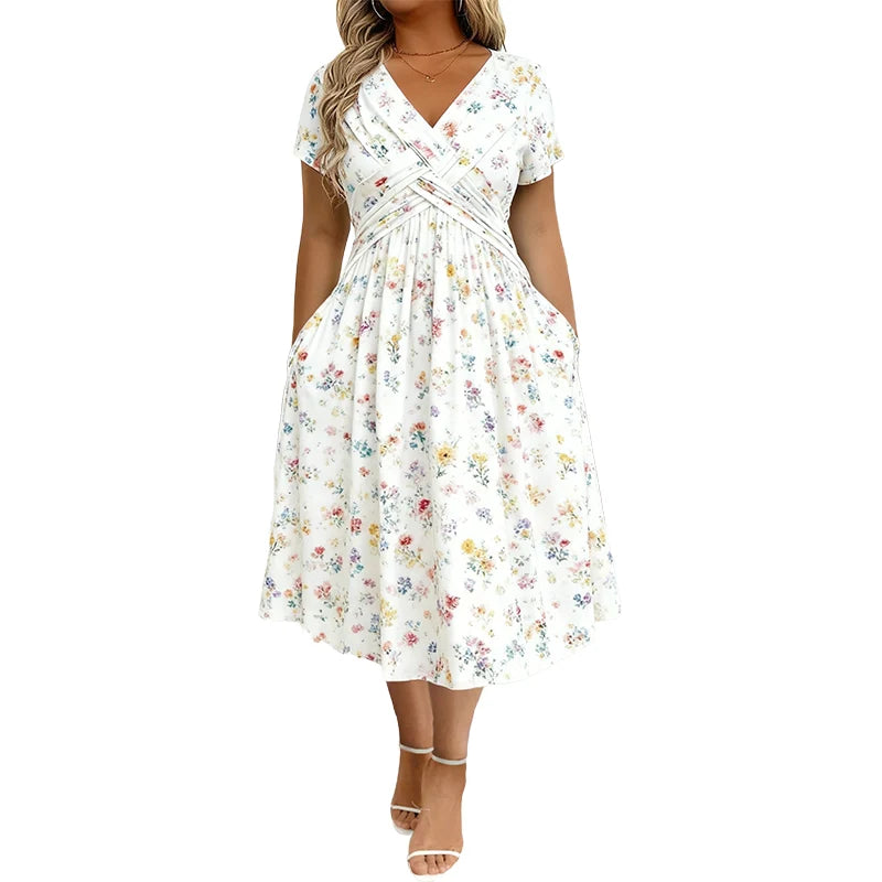 🌺👗 Blommig klänning med V-ringning och markerad midja