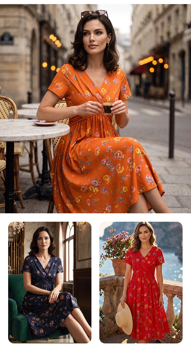 🌺👗 Blommig klänning med V-ringning och markerad midja